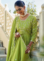 Prazu Fashion Parrot Green Chinon Silk Embroidered Nayra Cut Sharara Suit - Distacart