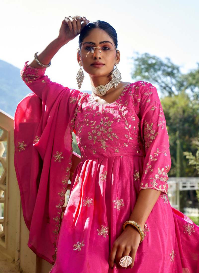Prazu Fashion Rani Pink Chinon Silk Embroidered Nayra Cut Sharara Suit - Distacart