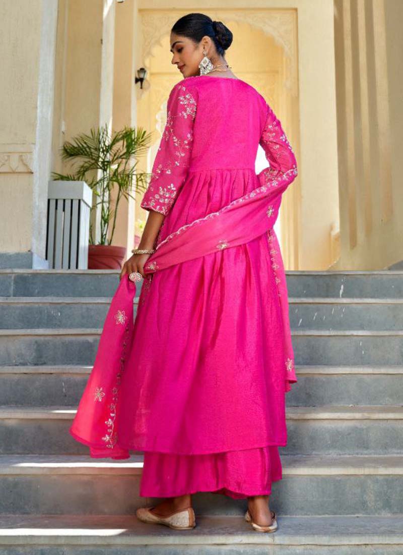 Prazu Fashion Rani Pink Chinon Silk Embroidered Nayra Cut Sharara Suit - Distacart