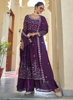 Prazu Fashion Violet Chinon Silk Embroidered Nayra Cut Sharara Suit - Distacart