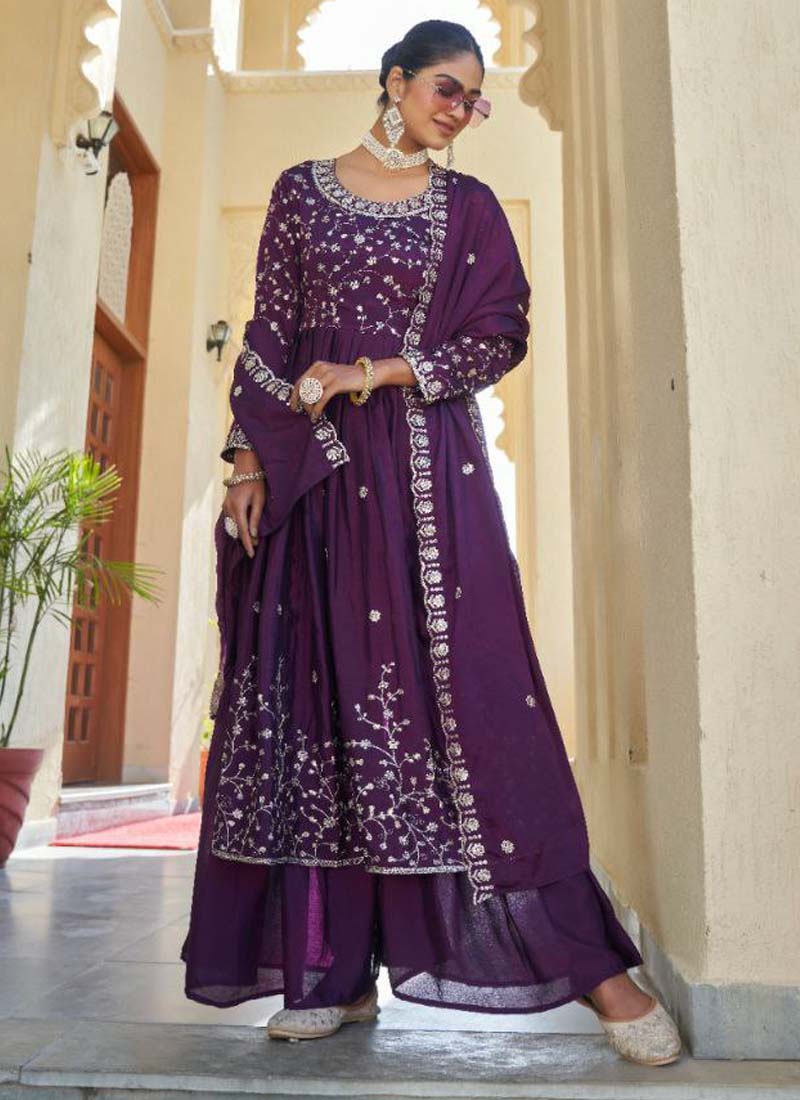 Prazu Fashion Violet Chinon Silk Embroidered Nayra Cut Sharara Suit - Distacart