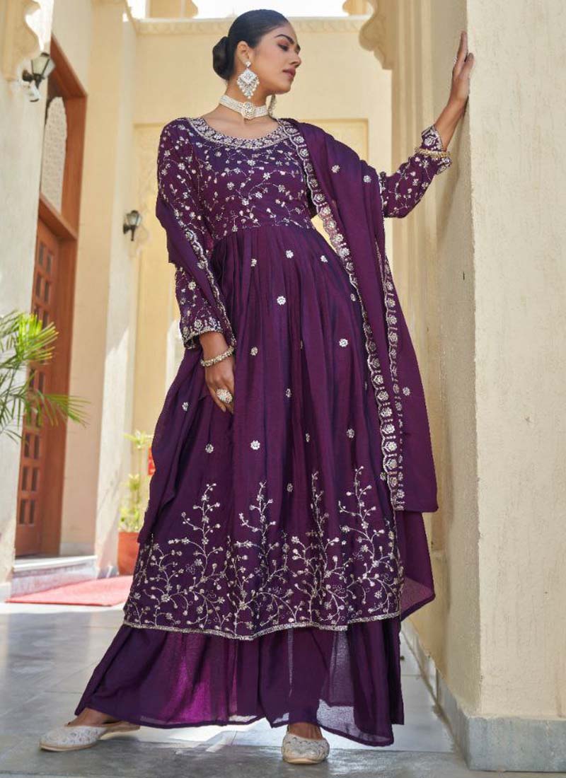Prazu Fashion Violet Chinon Silk Embroidered Nayra Cut Sharara Suit - Distacart
