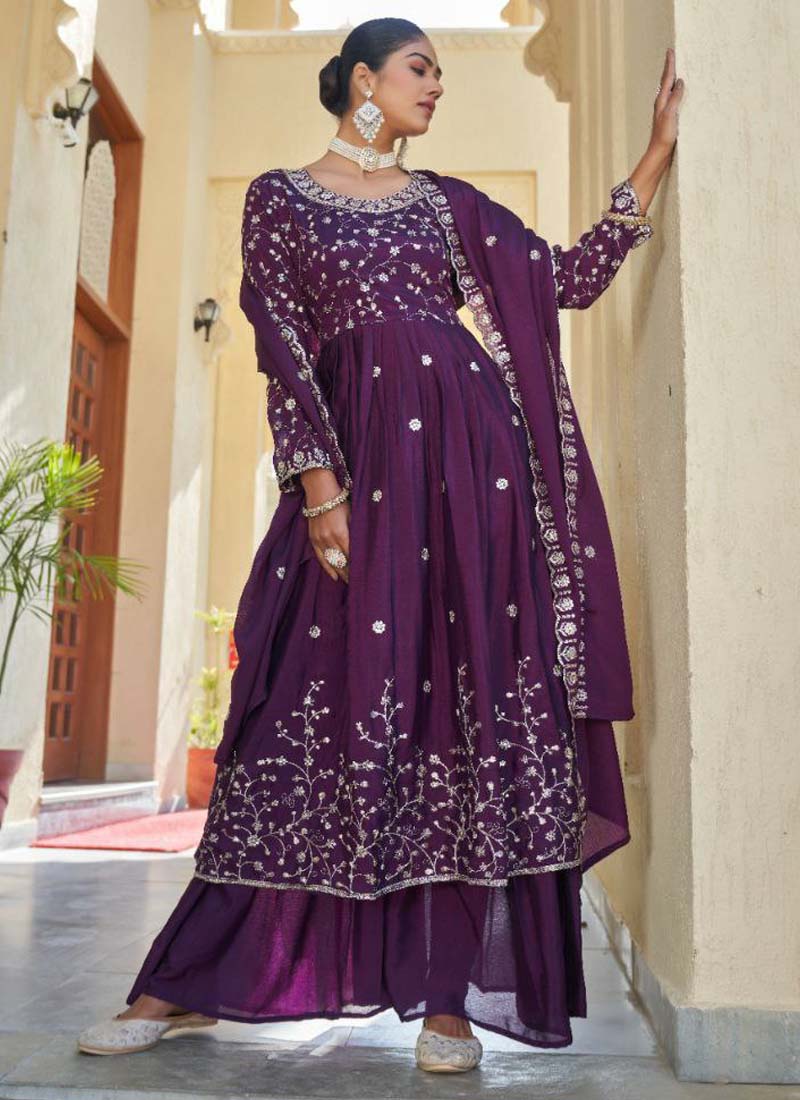 Prazu Fashion Violet Chinon Silk Embroidered Nayra Cut Sharara Suit - Distacart
