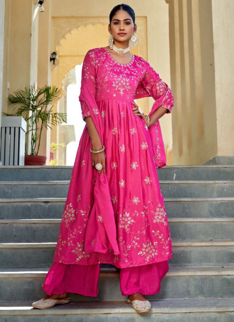 Prazu Fashion Rani Pink Chinon Silk Embroidered Nayra Cut Sharara Suit - Distacart