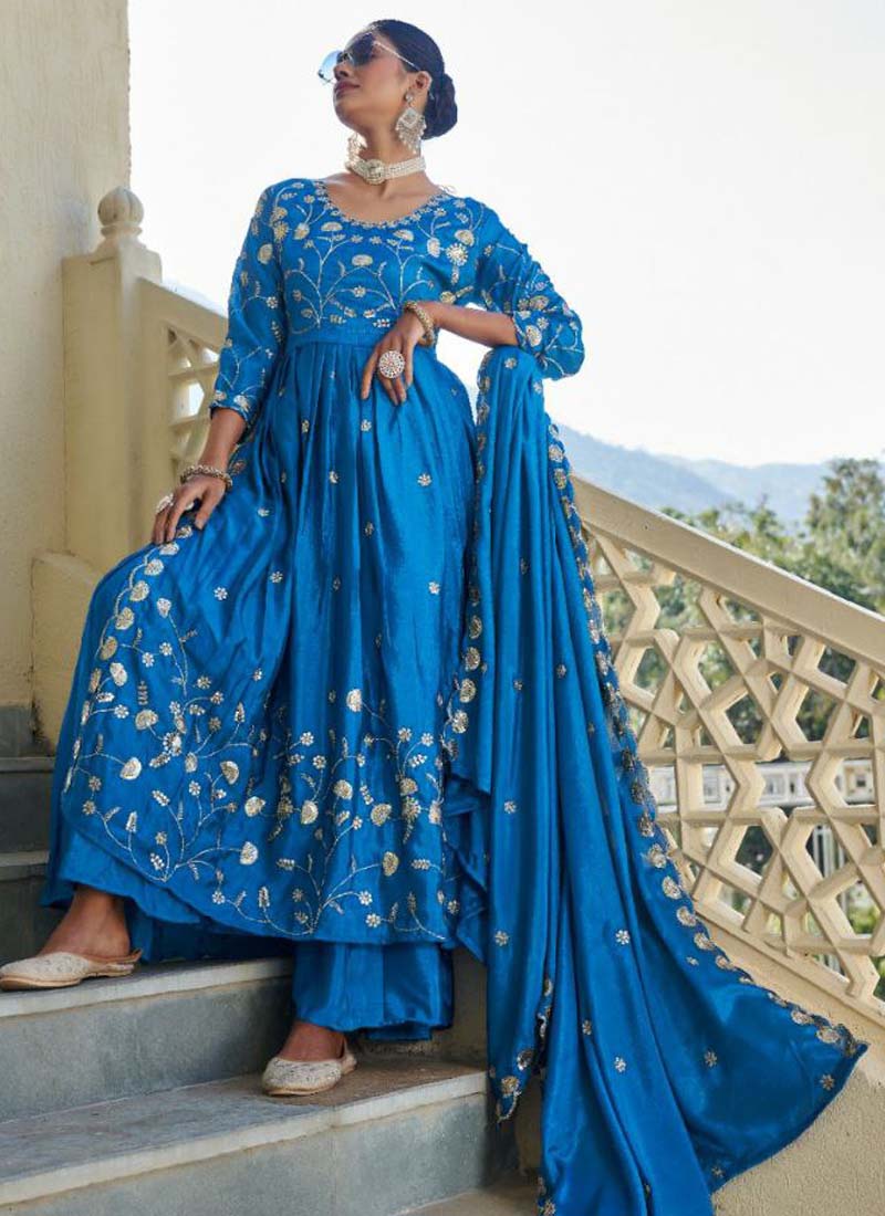 Prazu Fashion Sky Blue Chinon Silk Embroidered Nayra Cut Sharara Suit - Distacart