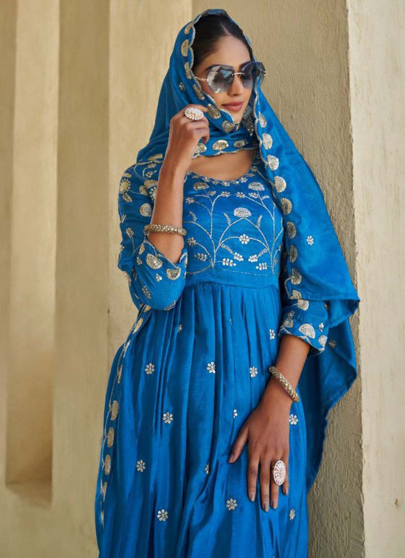 Prazu Fashion Sky Blue Chinon Silk Embroidered Nayra Cut Sharara Suit - Distacart