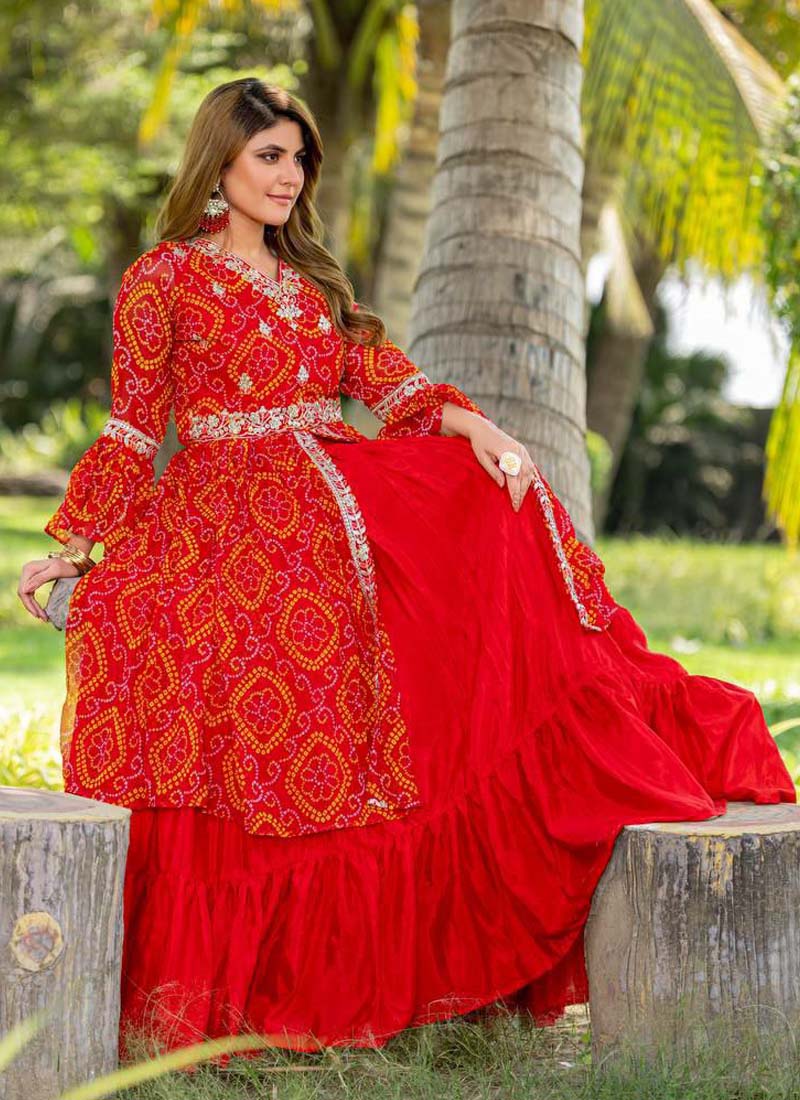 Prazu Fashion Red Pink Bandhej Embroidered Top With Lehenga - Distacart