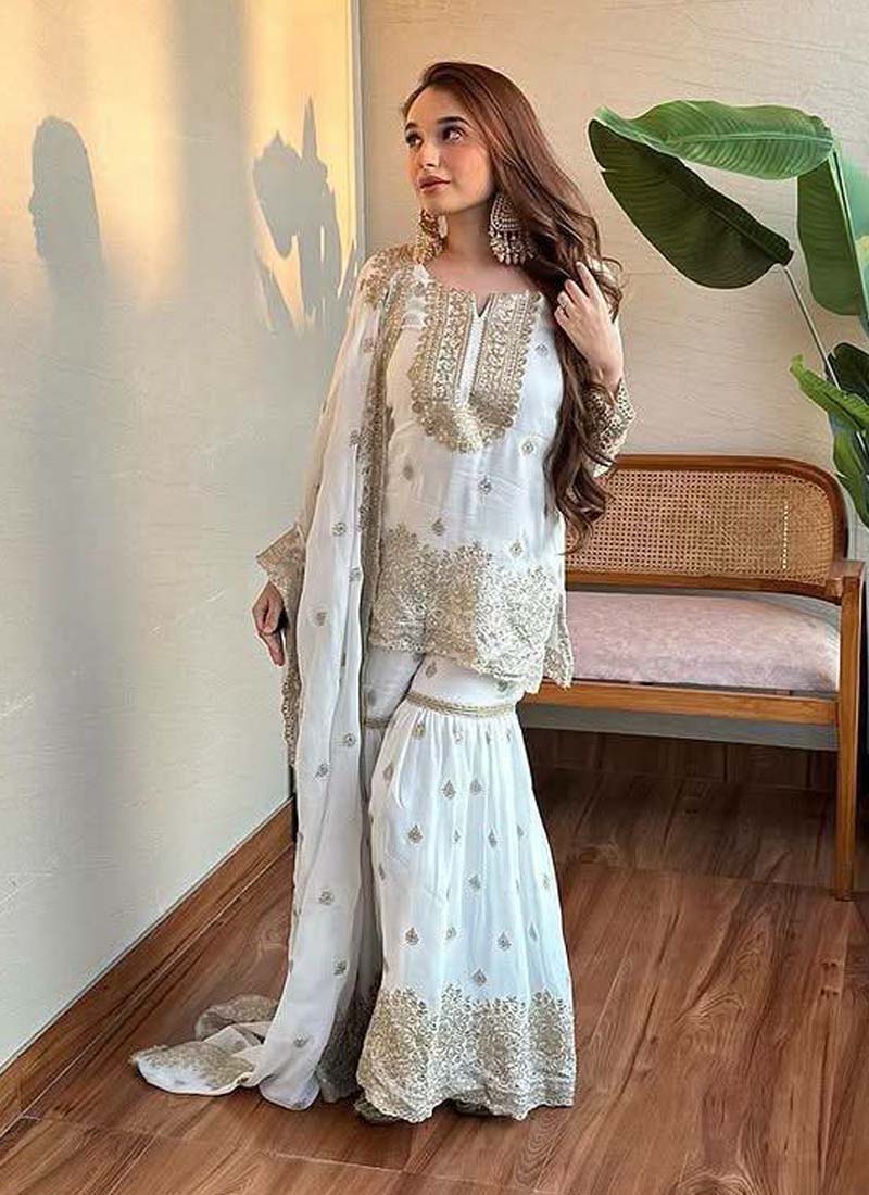 Prazu Fashion Off White Chinon Silk Embroidered Sharara Suit - Distacart