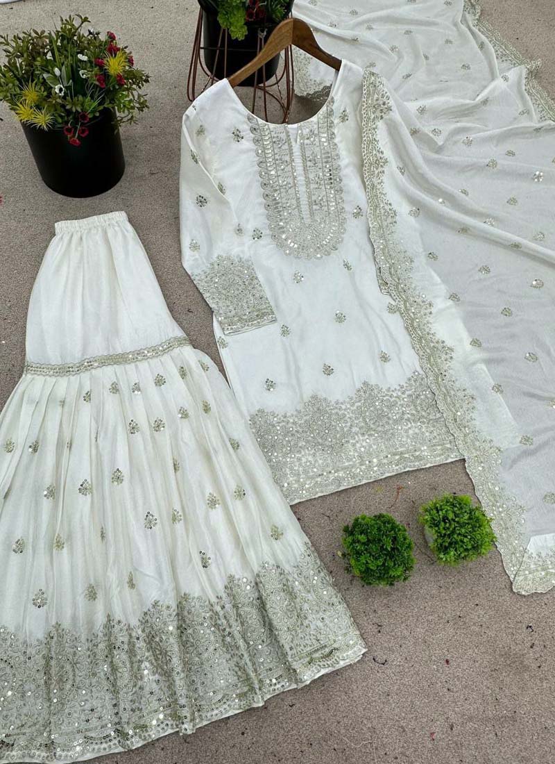 Prazu Fashion Off White Chinon Silk Embroidered Sharara Suit - Distacart