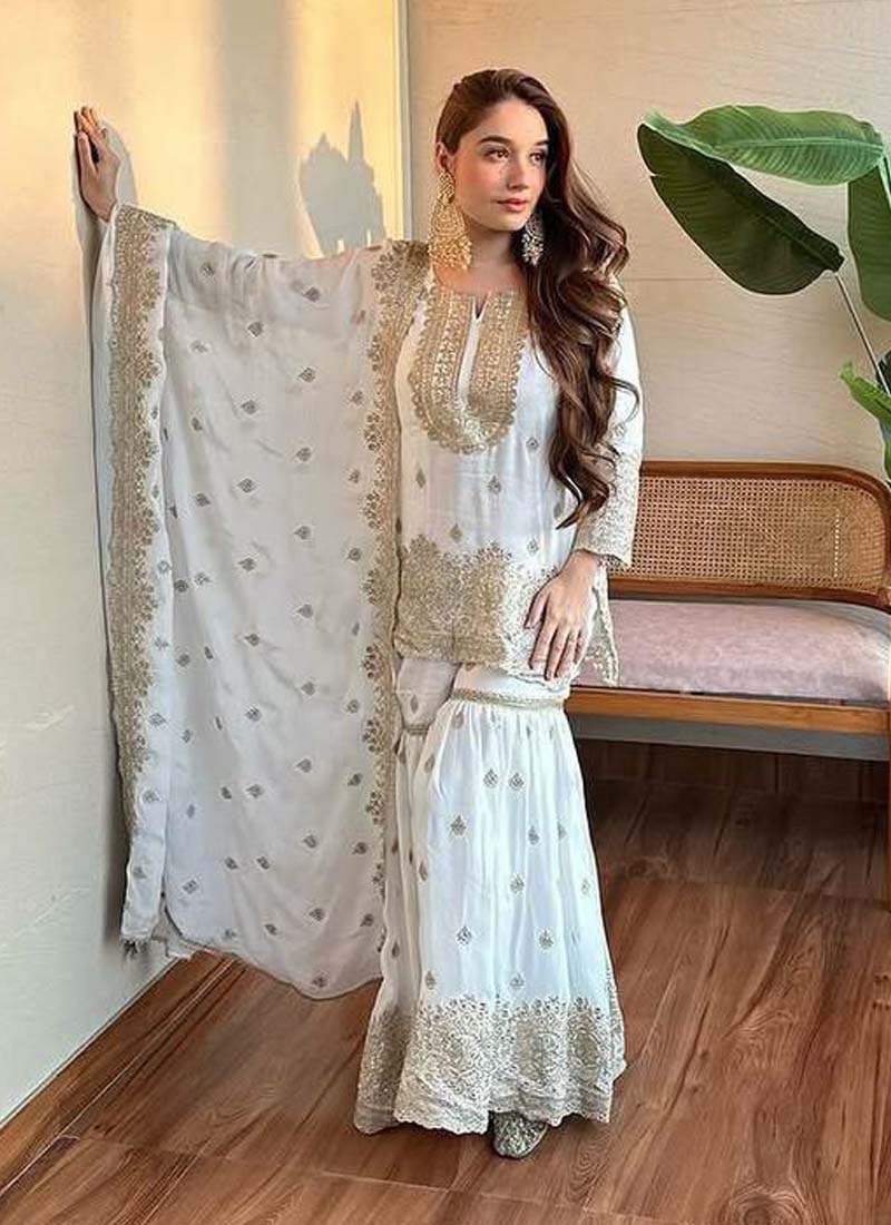 Prazu Fashion Off White Chinon Silk Embroidered Sharara Suit - Distacart