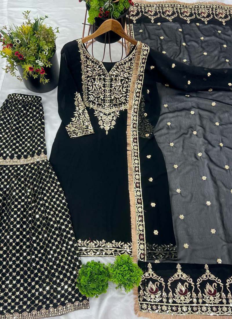 Prazu Fashion Black Georgette Embroidered Sharara Suit - Distacart