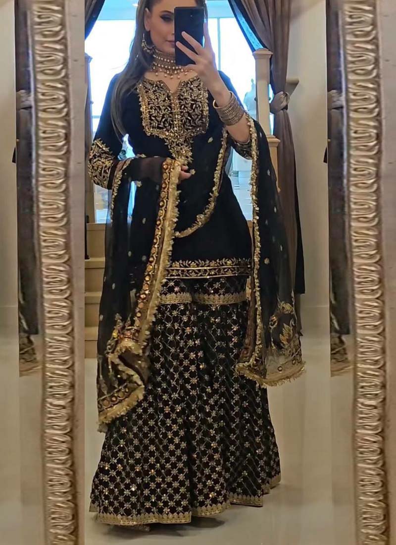 Prazu Fashion Black Georgette Embroidered Sharara Suit - Distacart