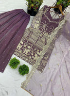 Prazu Fashion Lavender Organza Embroidered Palazzo Suit