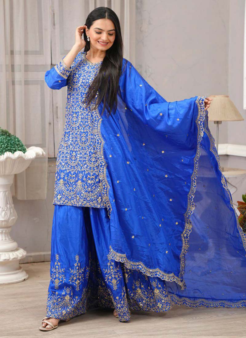 Prazu Fashion Royal Blue Chinon Silk Embroiederd Sharara Suit - Distacart