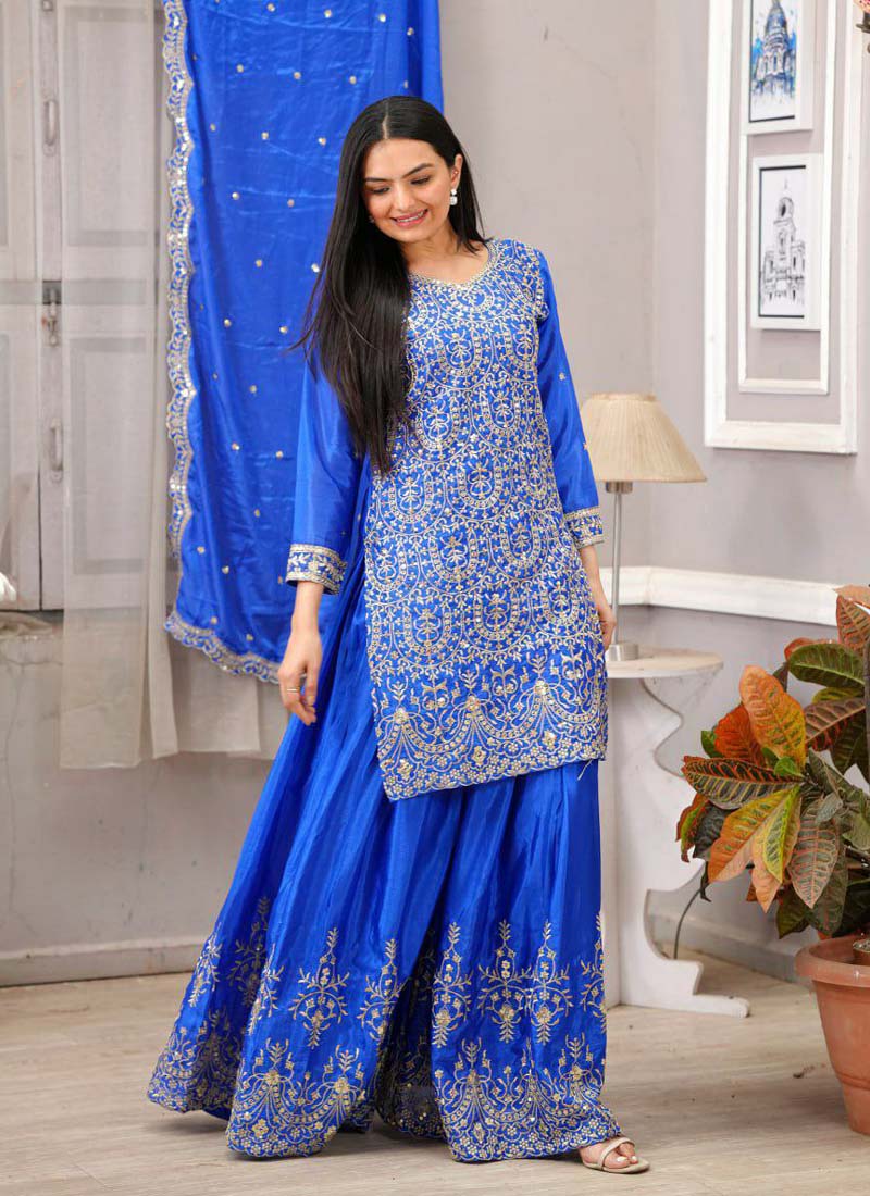 Prazu Fashion Royal Blue Chinon Silk Embroiederd Sharara Suit - Distacart
