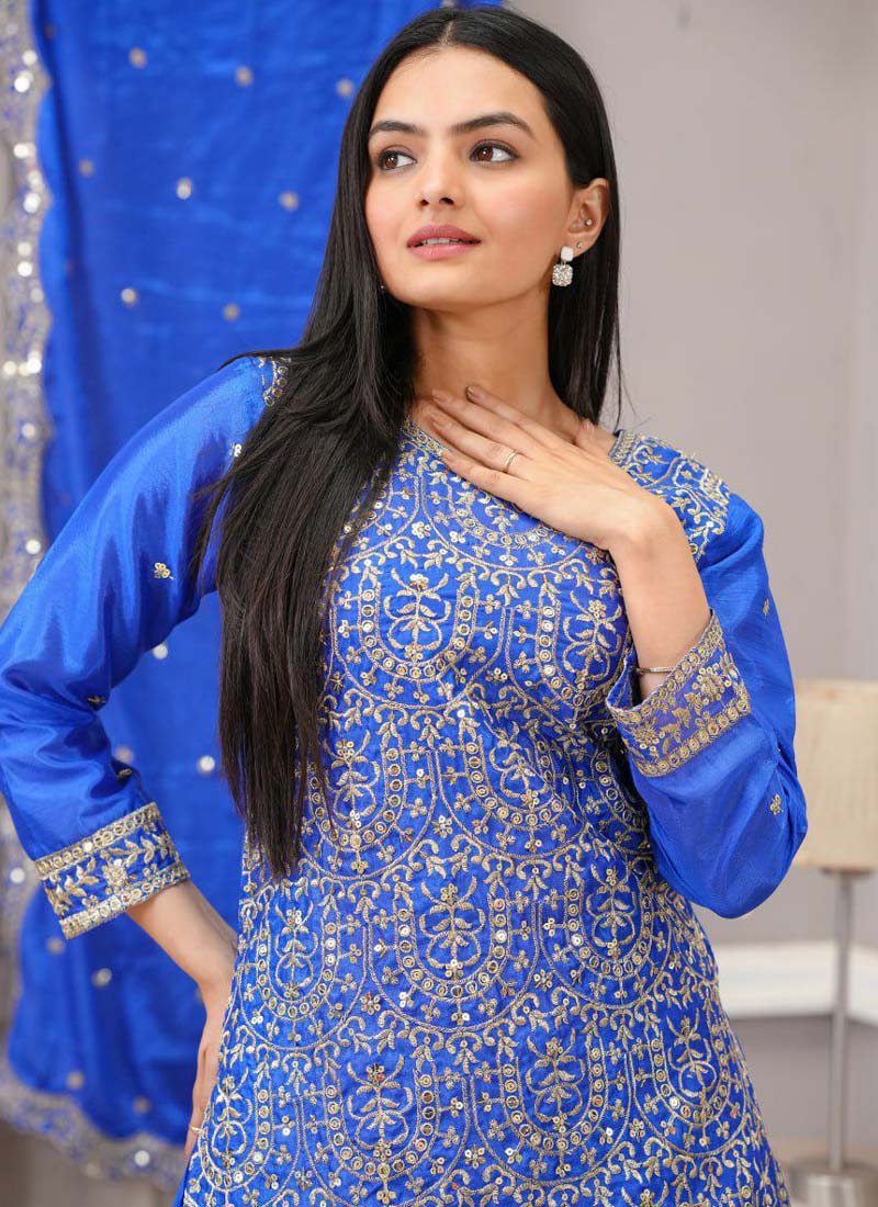 Prazu Fashion Royal Blue Chinon Silk Embroiederd Sharara Suit - Distacart