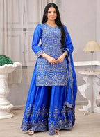 Prazu Fashion Royal Blue Chinon Silk Embroiederd Sharara Suit - Distacart
