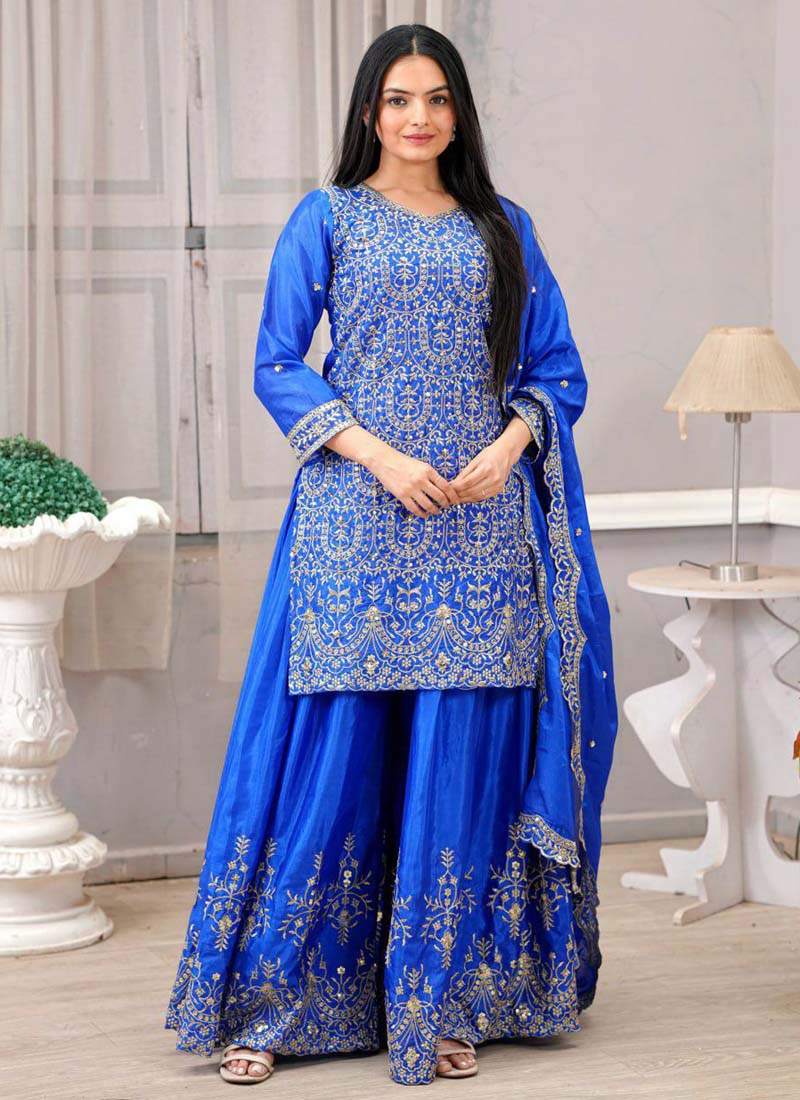Prazu Fashion Royal Blue Chinon Silk Embroiederd Sharara Suit - Distacart