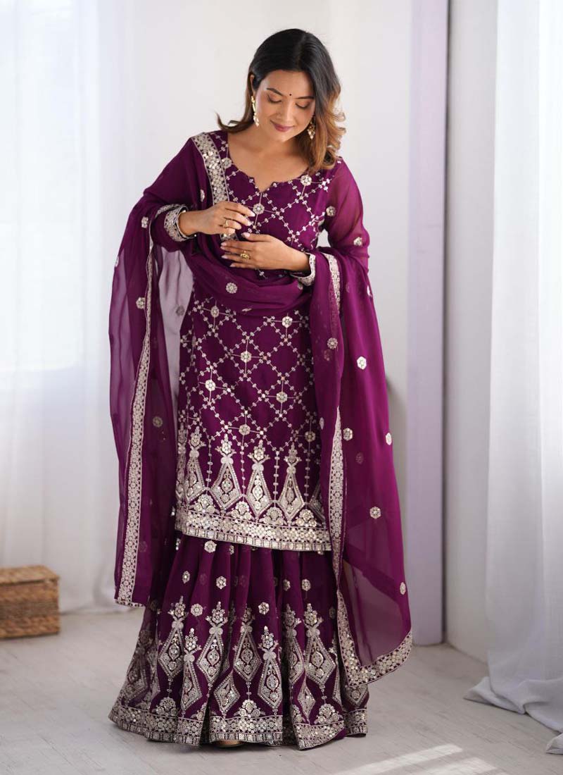 Prazu Fashion Purple Georgette Sequence Palazzo Suit