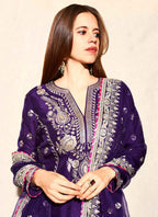 Prazu Fashion Violet Blue Chinon Silk Embroidered Palazzo Suit