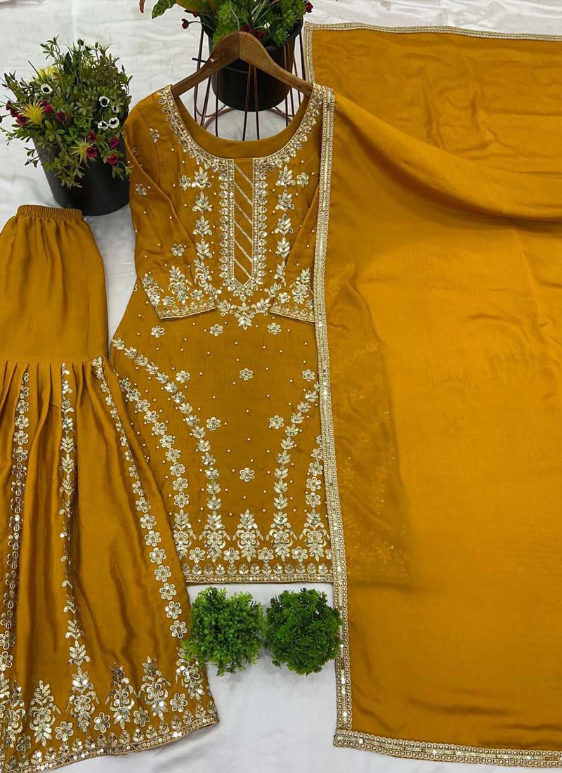 Prazu Fashion Yellow Georgette Embroidered Sharara Suit - Distacart