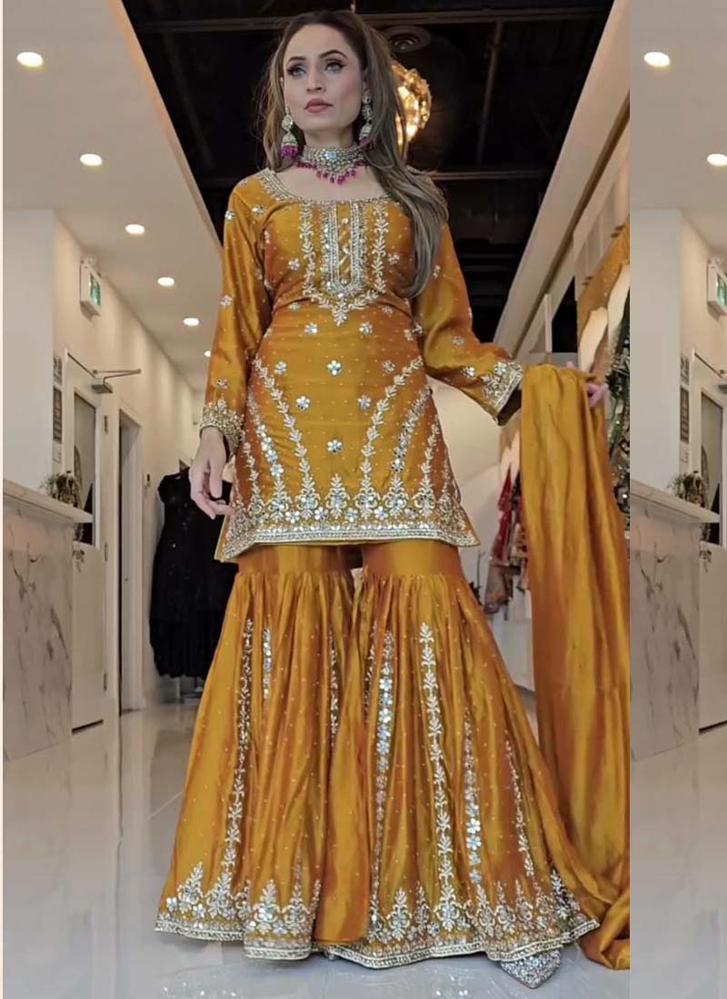 Prazu Fashion Yellow Georgette Embroidered Sharara Suit - Distacart