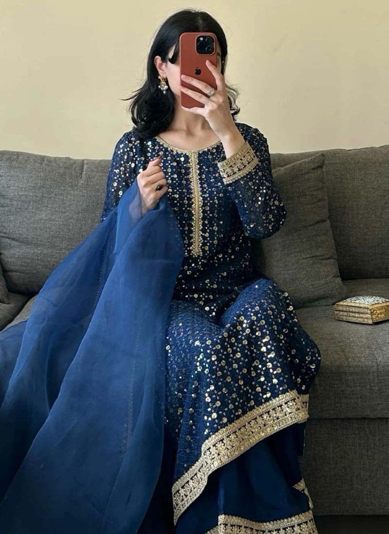 Prazu Fashion Blue Georgette Thread Sequence Palazzo Suit