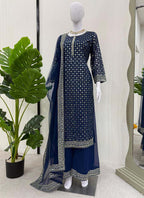 Prazu Fashion Blue Georgette Thread Sequence Palazzo Suit