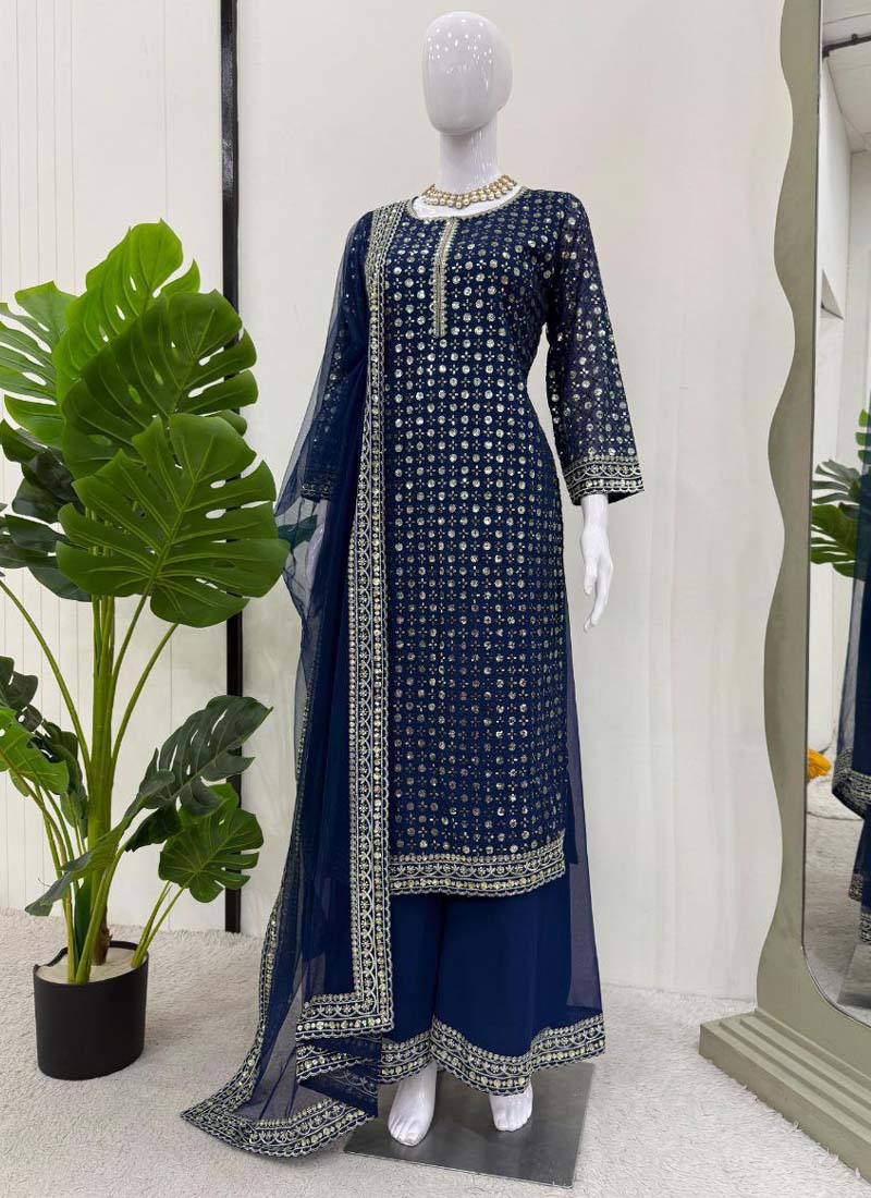 Prazu Fashion Blue Georgette Thread Sequence Palazzo Suit