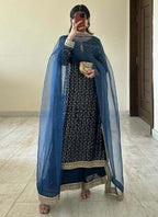 Prazu Fashion Blue Georgette Thread Sequence Palazzo Suit