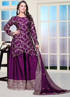 Prazu Fashion Violet Chinon Silk Embroidered Sharara Suit - Distacart