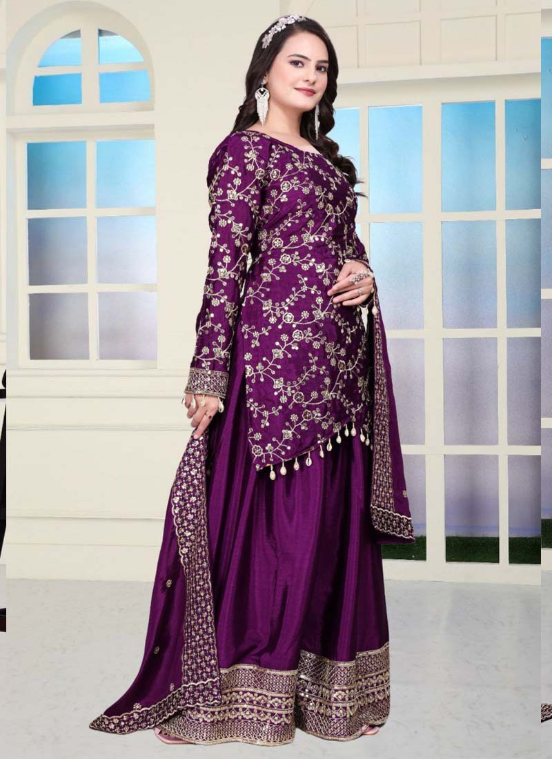 Prazu Fashion Violet Chinon Silk Embroidered Sharara Suit - Distacart