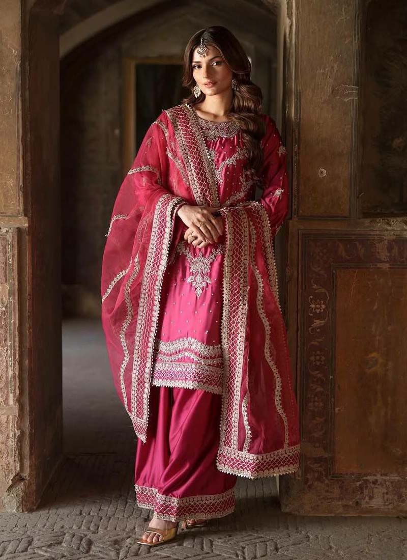 Prazu Fashion Pink Chinon Silk Embroidered Sharara Suit - Distacart