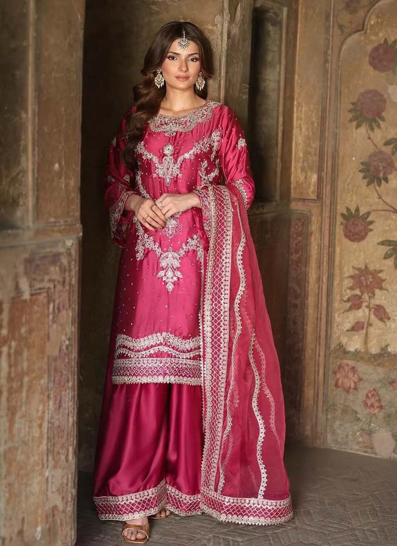 Prazu Fashion Pink Chinon Silk Embroidered Sharara Suit - Distacart