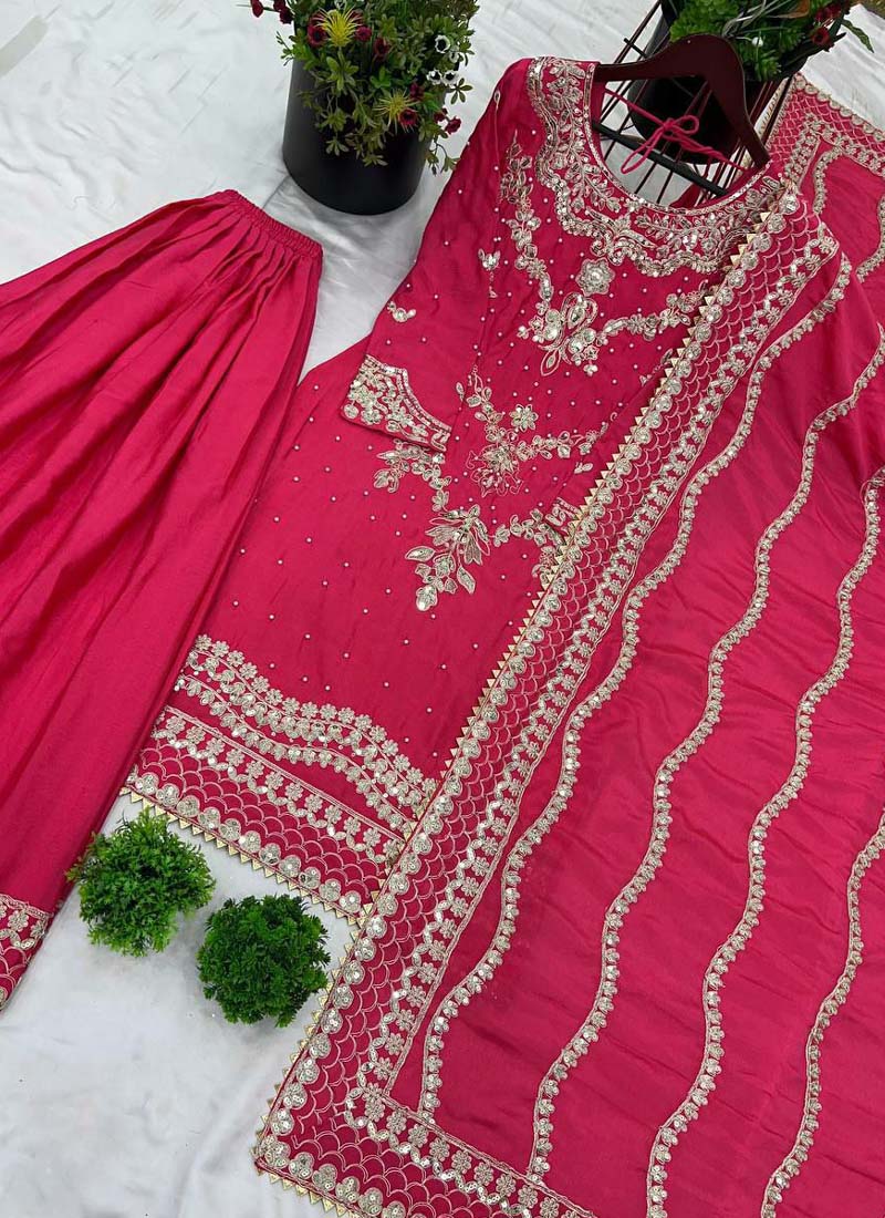 Prazu Fashion Pink Chinon Silk Embroidered Sharara Suit - Distacart