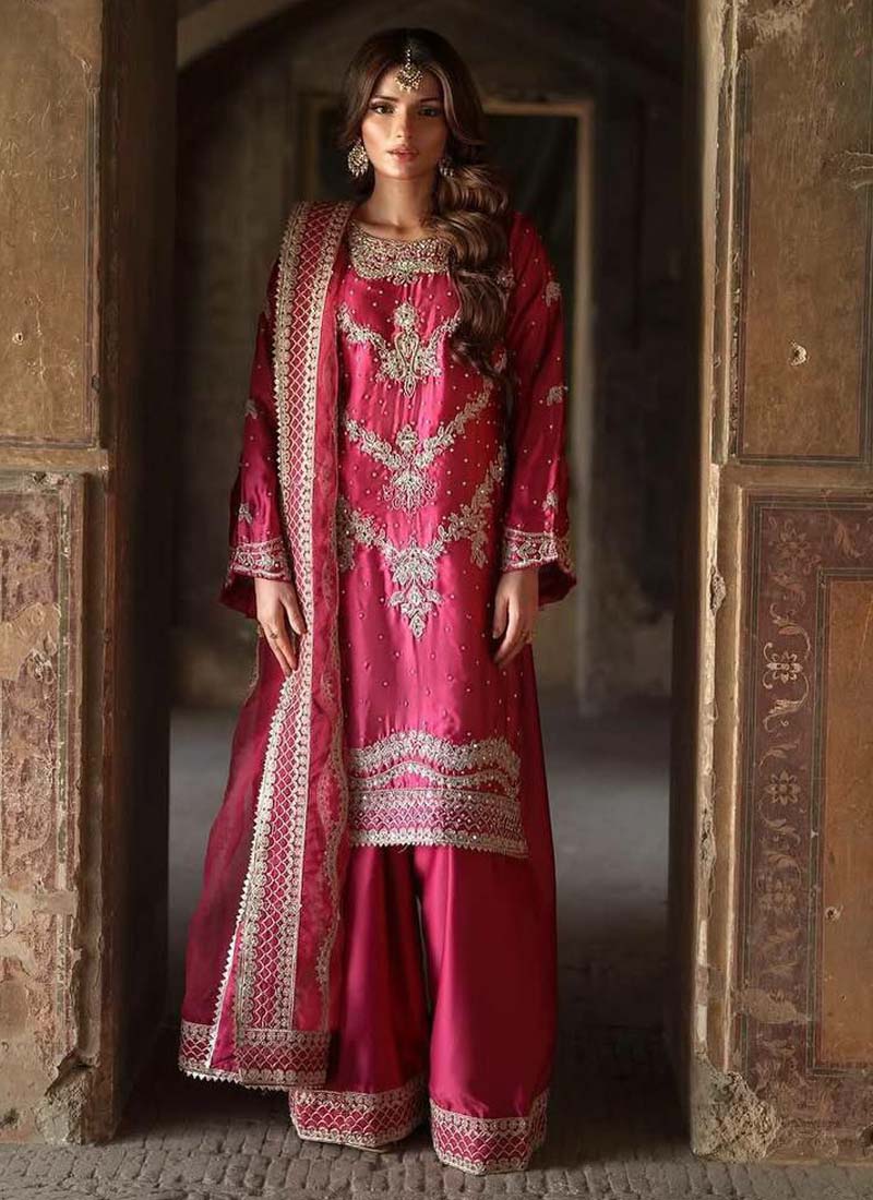 Prazu Fashion Pink Chinon Silk Embroidered Sharara Suit - Distacart