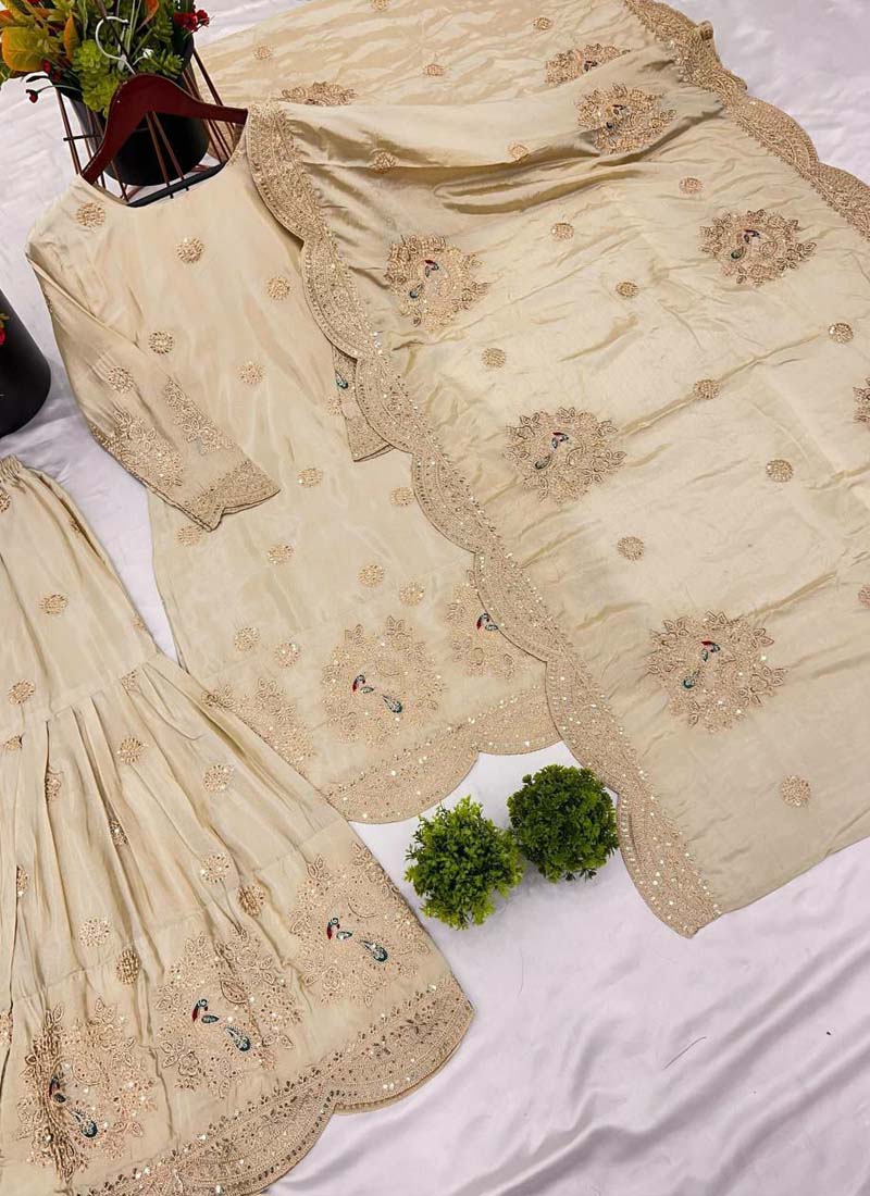 Prazu Fashion Off White Chinon Silk Embroidered Plazzo Suit