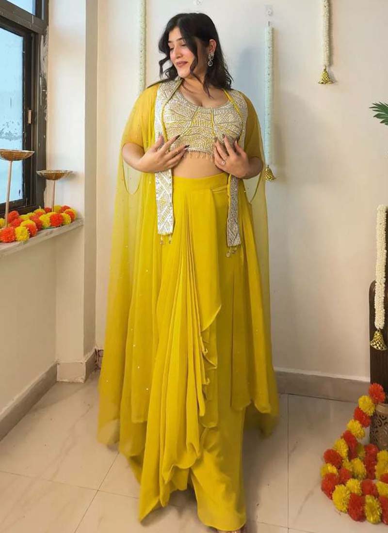 Prazu Fashion Yellow Georgette Embroidered Sequence Western Suit - Distacart