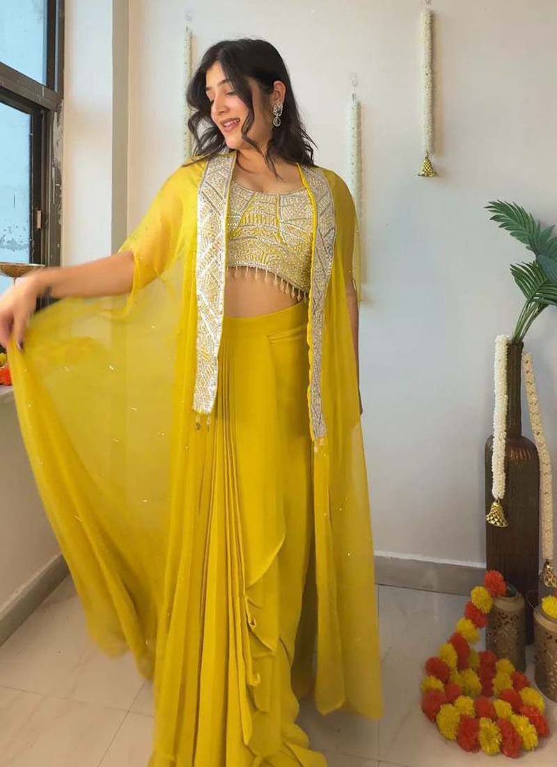 Prazu Fashion Yellow Georgette Embroidered Sequence Western Suit - Distacart