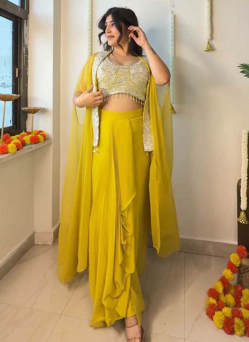 Prazu Fashion Yellow Georgette Embroidered Sequence Western Suit - Distacart