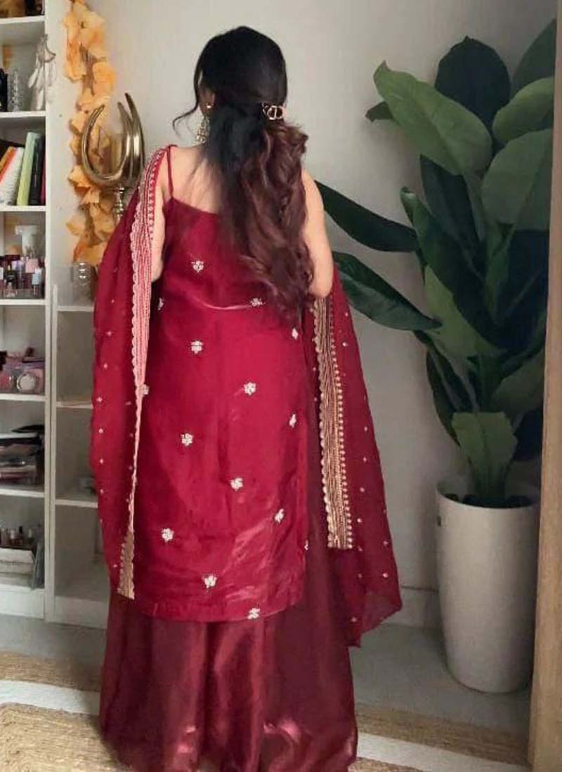 Prazu Fashion Maroon Silk Embroidered Thread Palazzo Suit