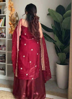 Prazu Fashion Maroon Silk Embroidered Thread Palazzo Suit