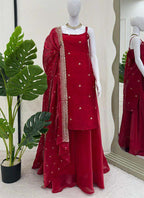 Prazu Fashion Maroon Silk Embroidered Thread Palazzo Suit