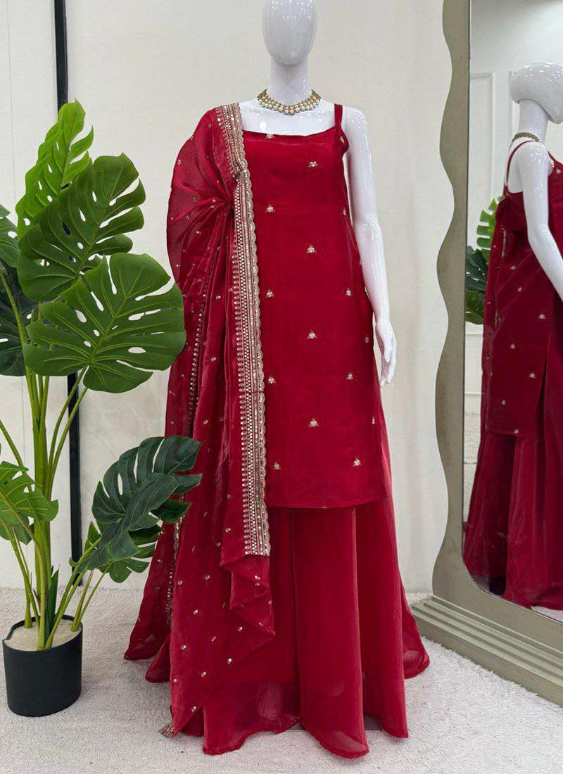 Prazu Fashion Maroon Silk Embroidered Thread Palazzo Suit