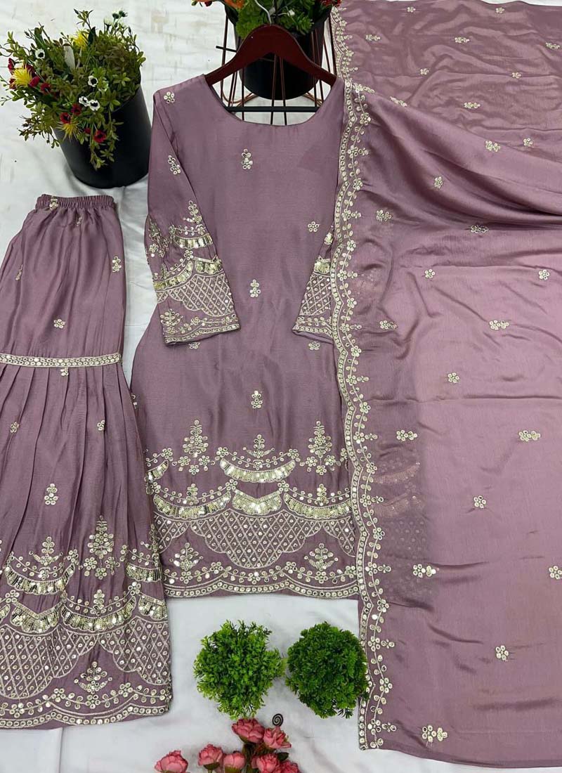 Prazu Fashion Onion Pink Chinon Silk Embroidered Plazzo Suit