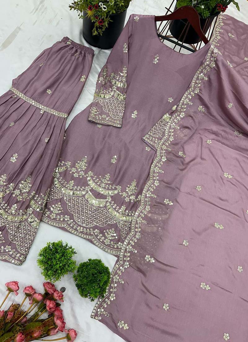 Prazu Fashion Onion Pink Chinon Silk Embroidered Plazzo Suit