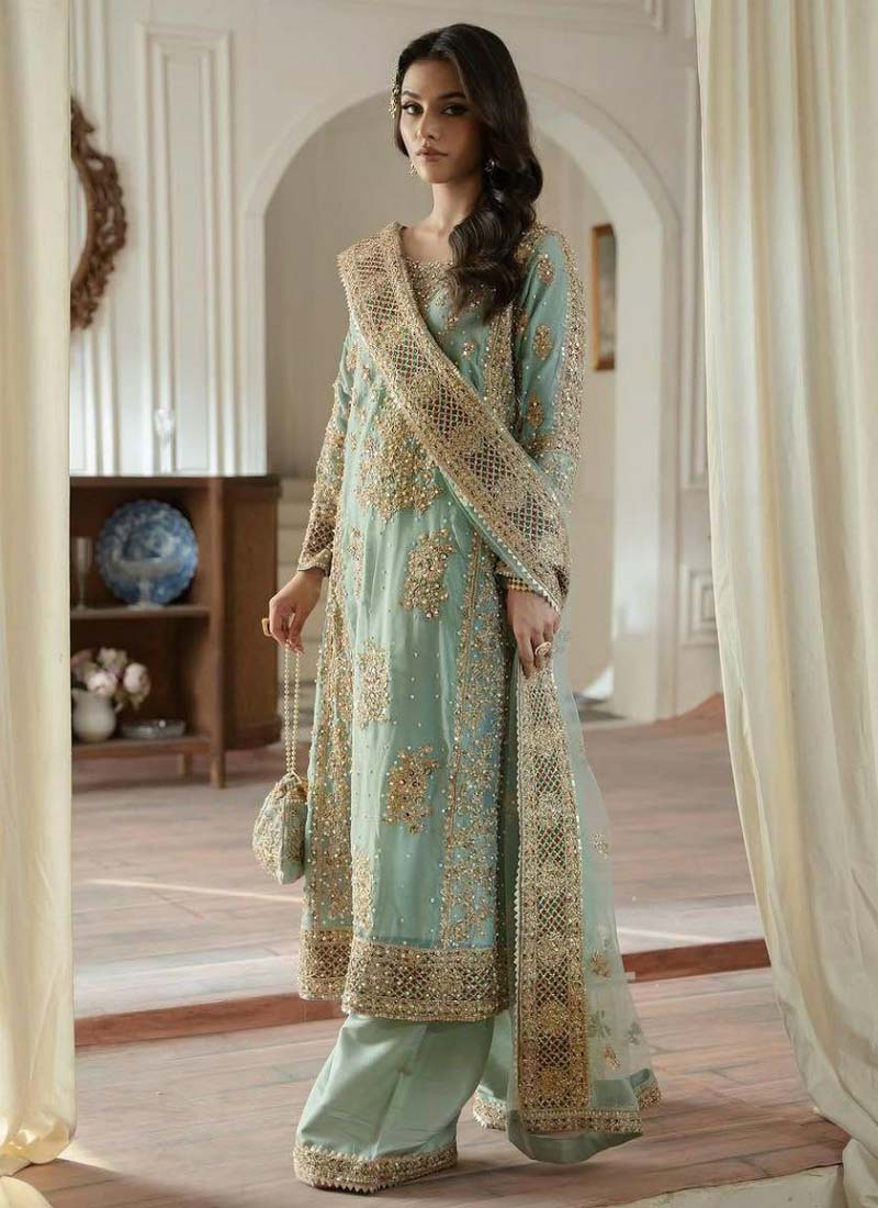 Prazu Fashion Sky Blue Georgette Embroidered Palazzo Suit