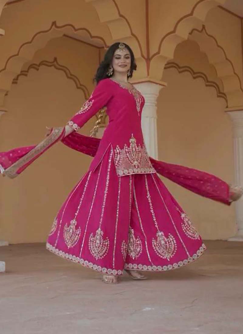 Prazu Fashion Pink Chinon Silk Embroidered Sharara Suit - Distacart