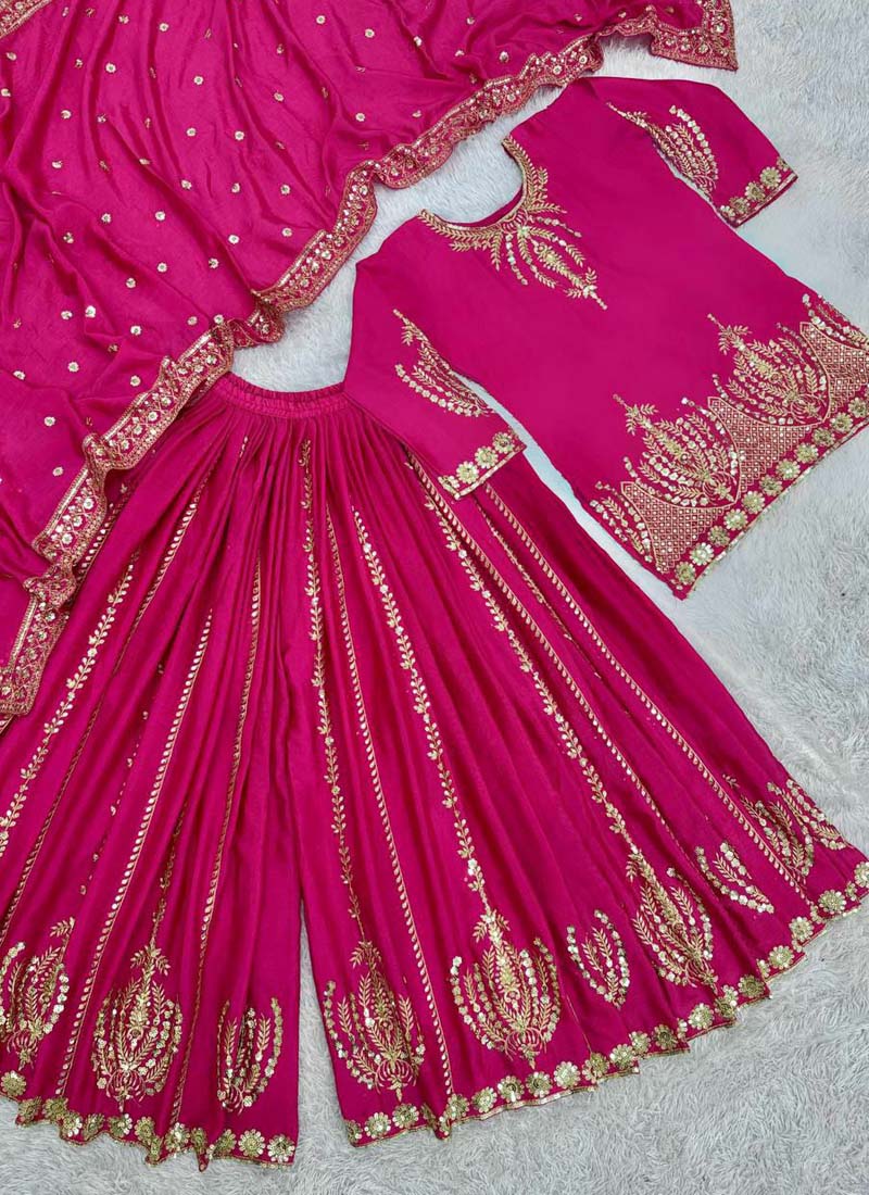 Prazu Fashion Pink Chinon Silk Embroidered Sharara Suit - Distacart