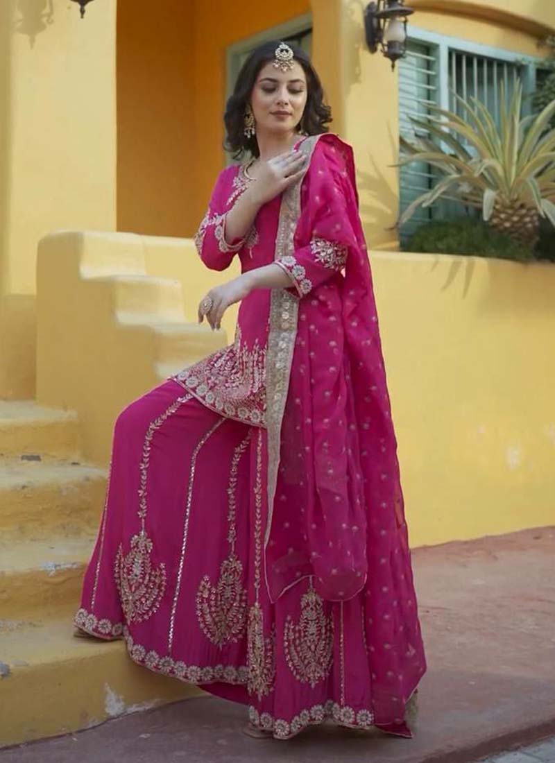 Prazu Fashion Pink Chinon Silk Embroidered Sharara Suit - Distacart